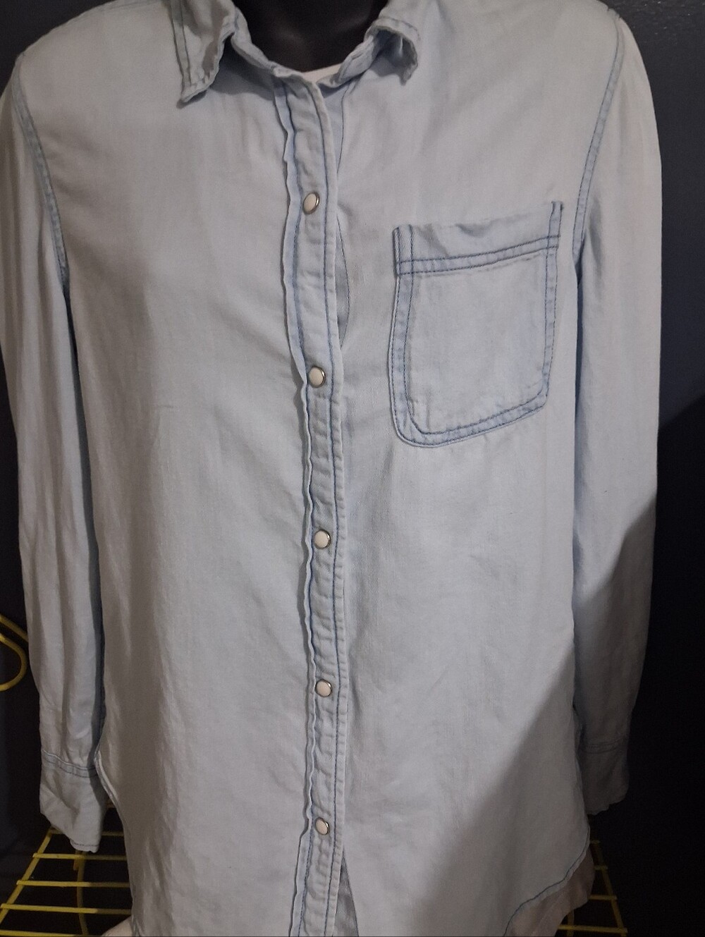 Lola River Light Blue Denim Button-Up Shirt 100% Cotton. Snap Closures